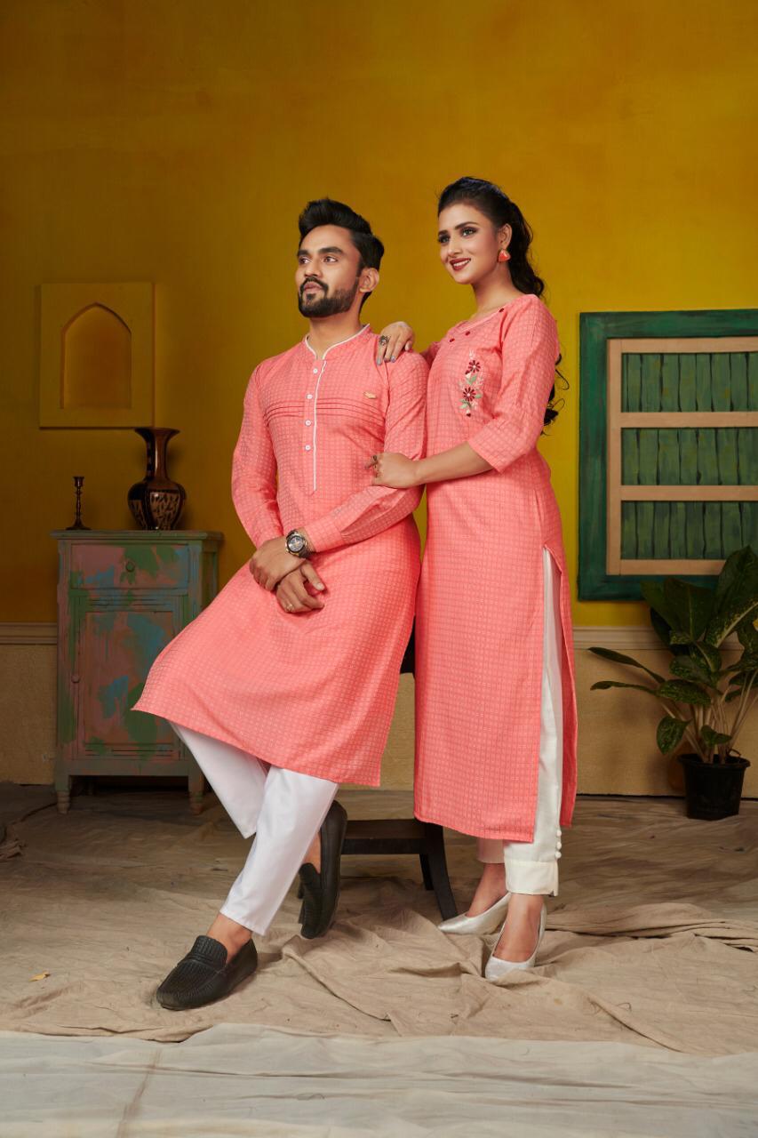 Ram Leela Designer Couple set Kurti with Pant With Men's Matching Kurta Payjama at wholesale Price